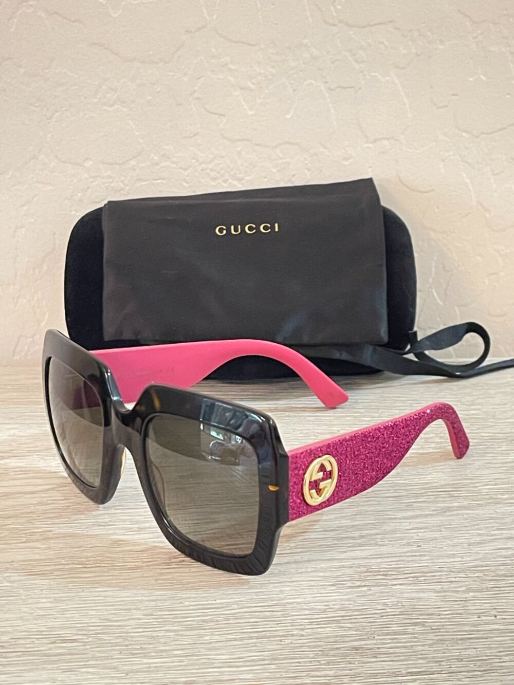 Gucci Pink Glitter Sunglasses Tortoise Gold Logo Square Frame Oversize